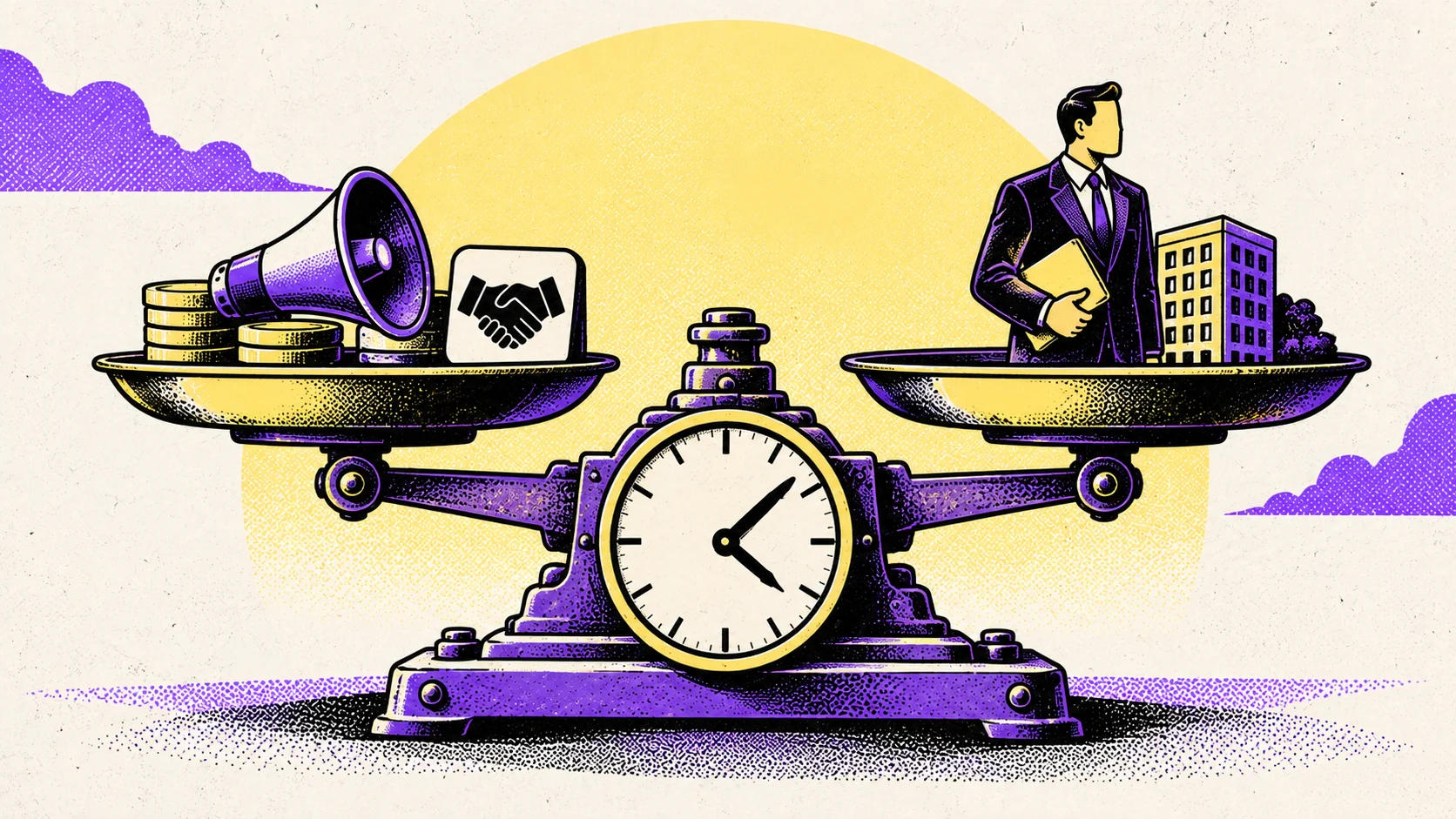 Balança com moedas e símbolos de marketing e vendas de um lado, comprador empresarial do outro e relógio na base, representando custos de aquisição e ciclo de venda B2B.