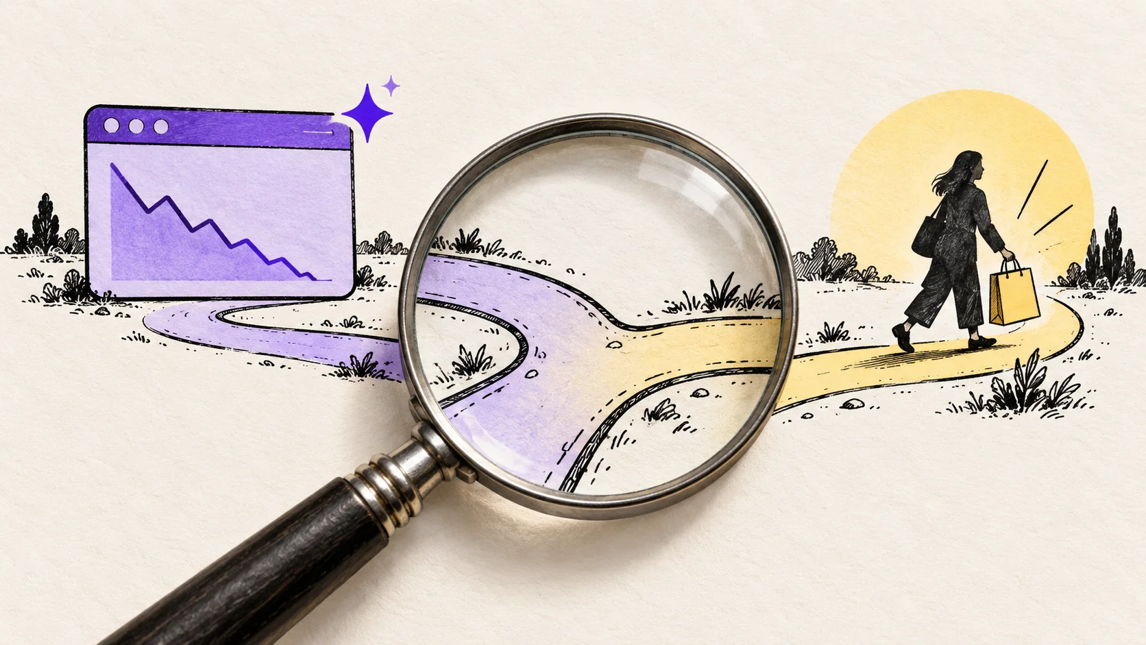 Lupa investiga o caminho entre um gráfico de visitas em queda e uma cliente com sacola, em ilustração roxa e amarela.