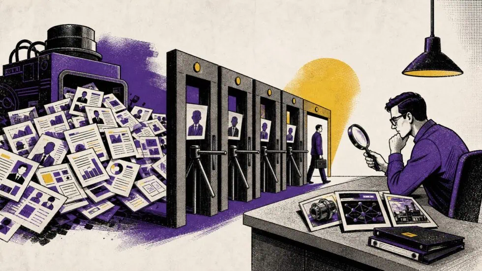 Comprador B2B validando propostas produzidas em escala por IA antes de contratar