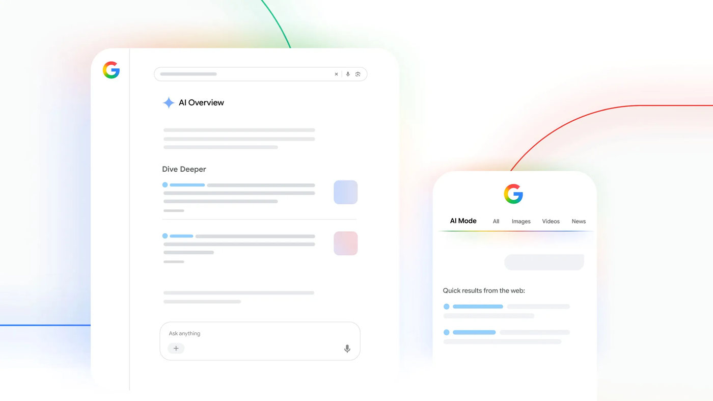 Ilustração do Google com links e fontes nas interfaces AI Overview e AI Mode.