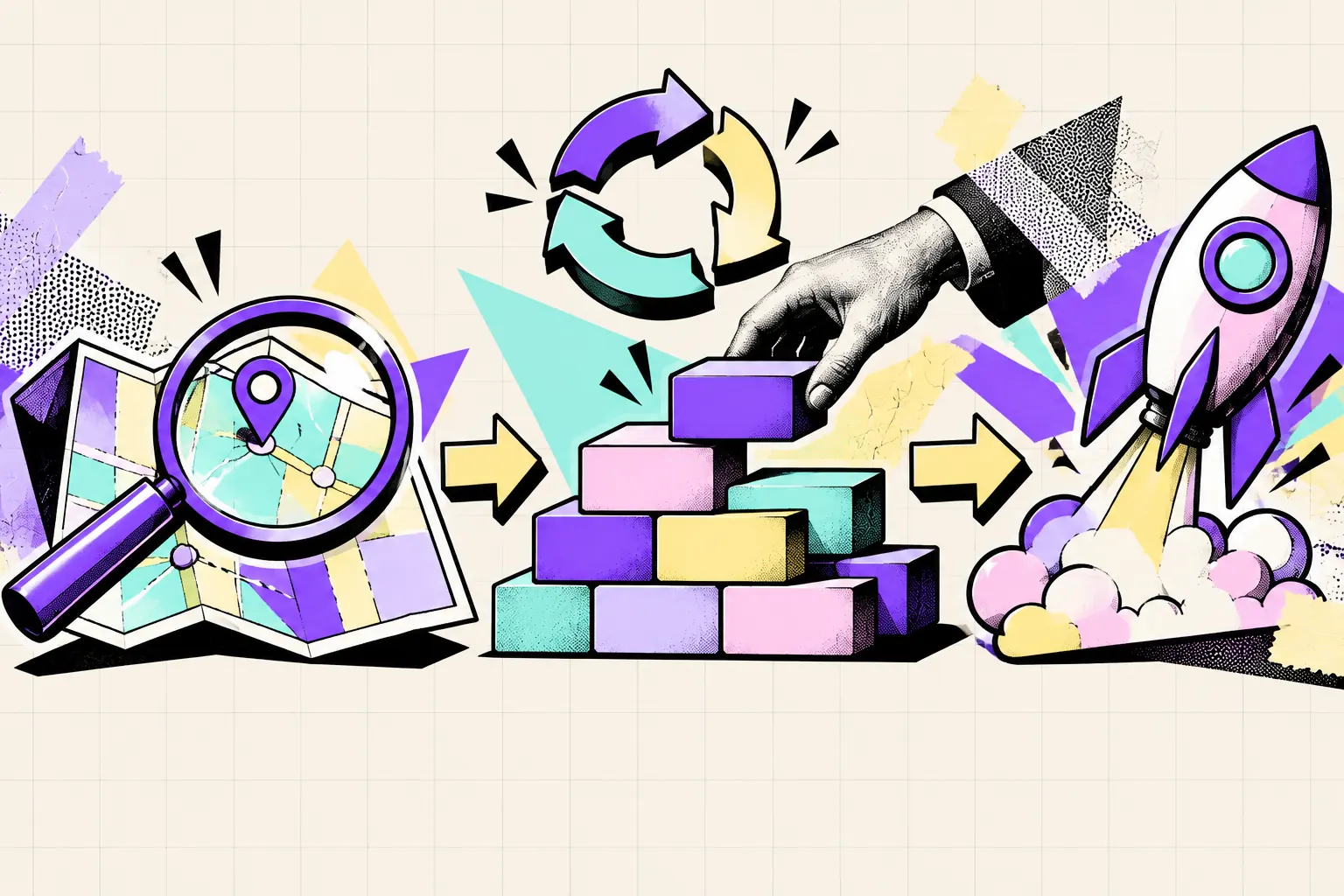 Lupa sobre um mapa, tijolos formando uma base e um foguete decolando, com um ciclo de três setas e uma mão em foto colocando o último tijolo