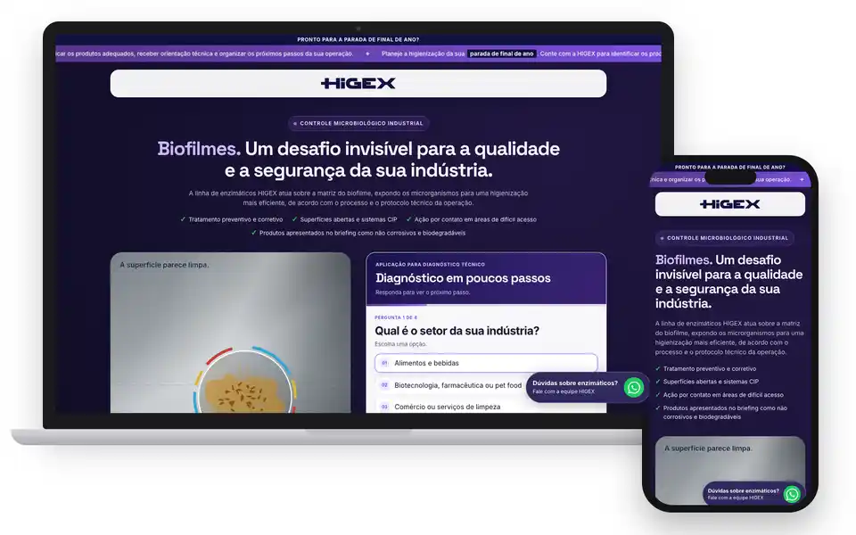 Animação das landing pages de diagnóstico do Grupo Higex (HIGEX, JAX, WTECH, NOVTEC e AD Foods) rolando em um MacBook e em um iPhone.