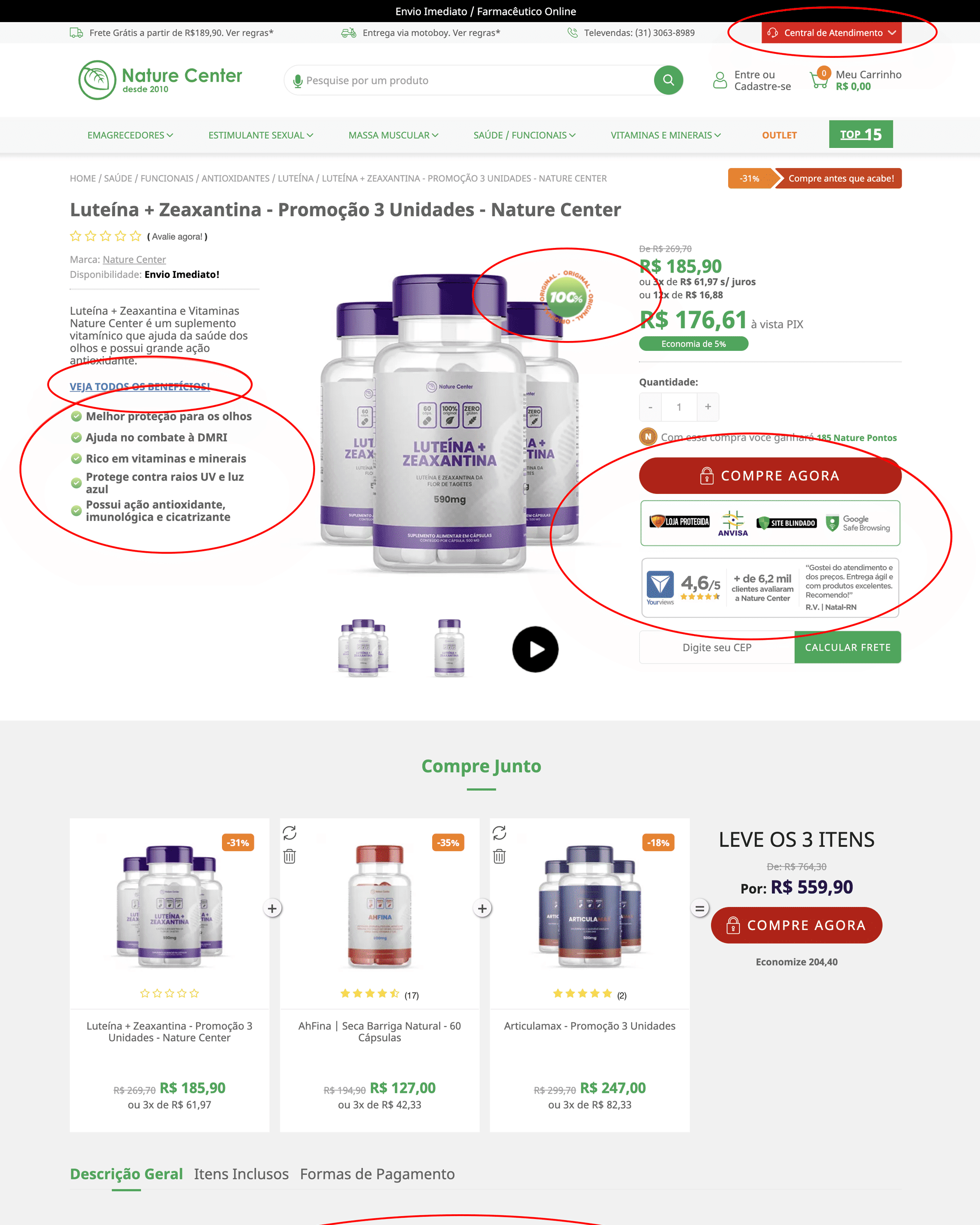 Recorte da página de produto da Nature Center, destacando benefícios, compra, sinais de confiança e compra conjunta.