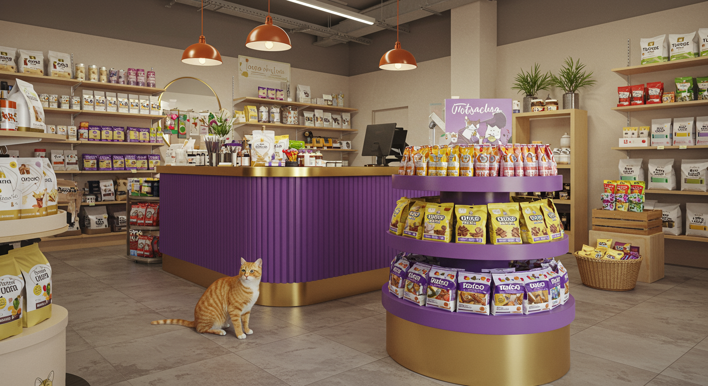 Pet shop com display Whiskas Temptations no caixa — expositor atraente com petiscos premium