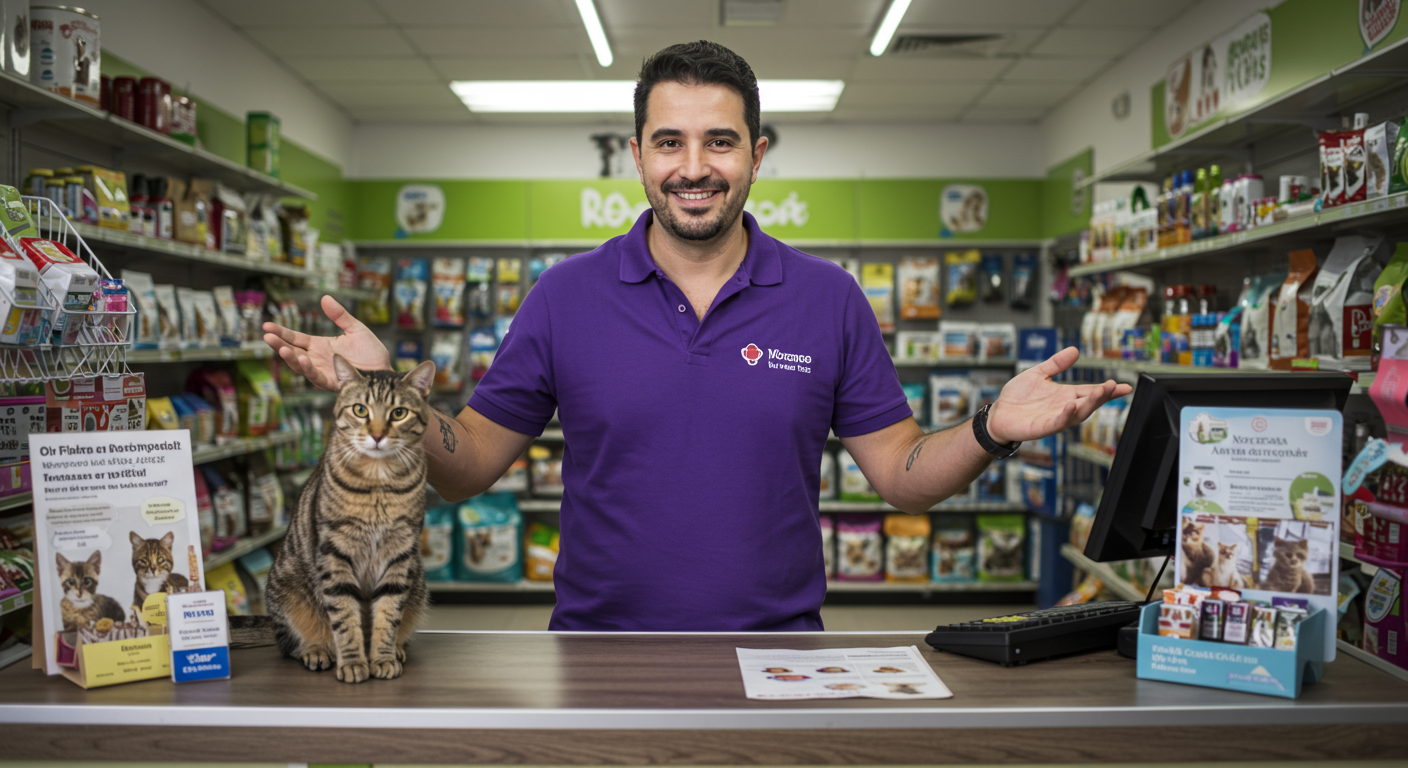 Dono de pet shop satisfeito com resultados de vendas de petiscos Whiskas