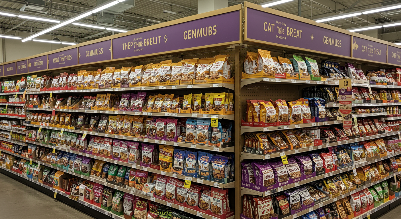 Gôndola organizada de petiscos premium para gatos em pet shop