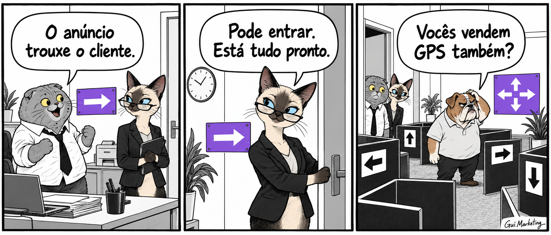 Tirinha: o anúncio traz um cliente, mas a loja o recebe com um labirinto de setas. Ele pergunta se também vendem GPS.