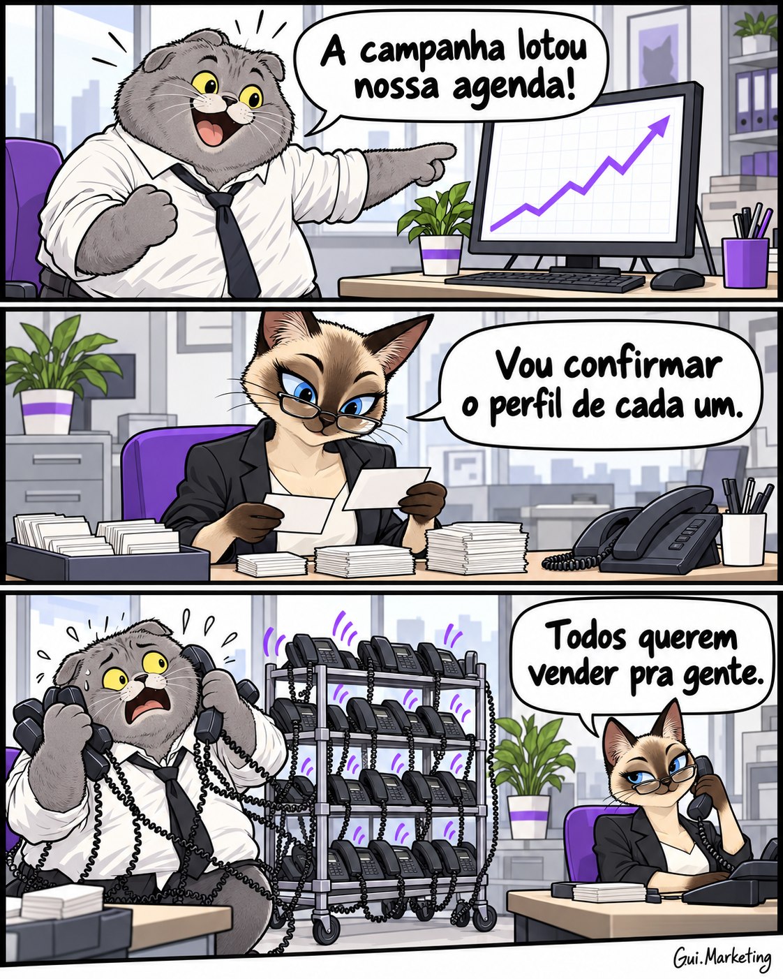 William comemora a agenda cheia; Luna verifica o perfil e descobre que os contatos querem vender para a empresa.