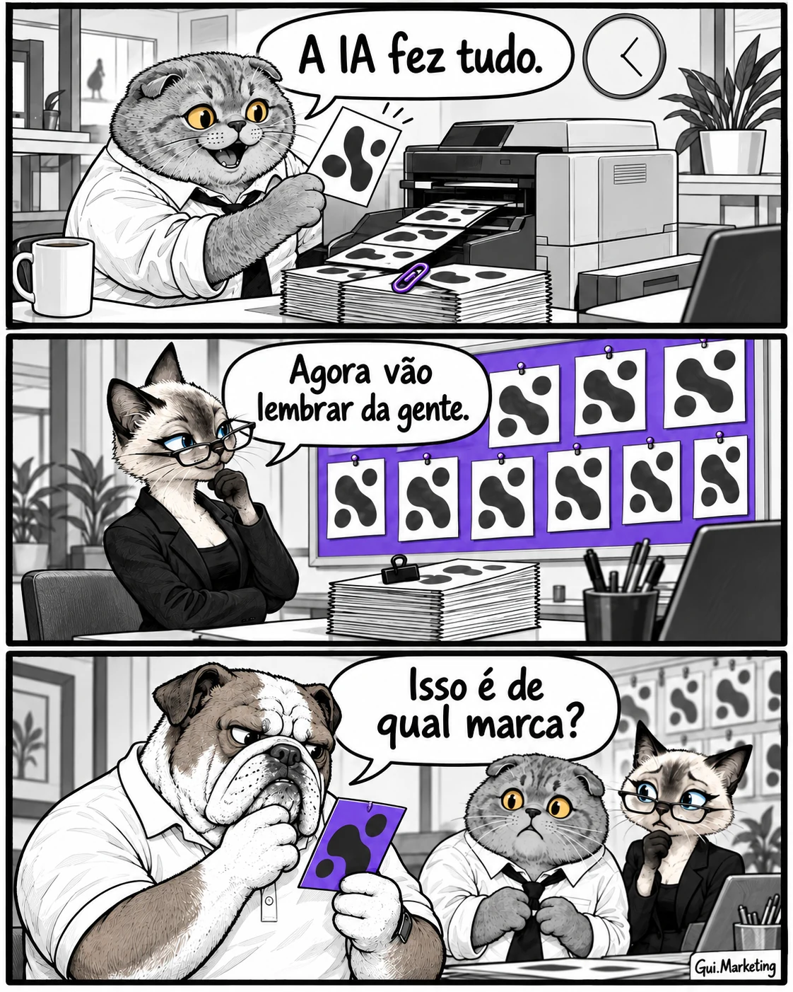 Tirinha: a equipe comemora a produção com IA, mas o cliente pergunta de qual marca são as peças.