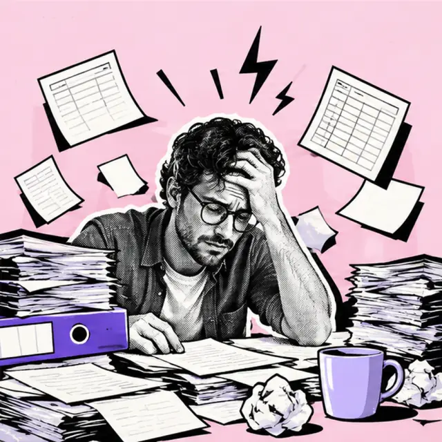 Antes: freelancer exausto, com a mão na testa, cercado de planilhas e papéis bagunçados.