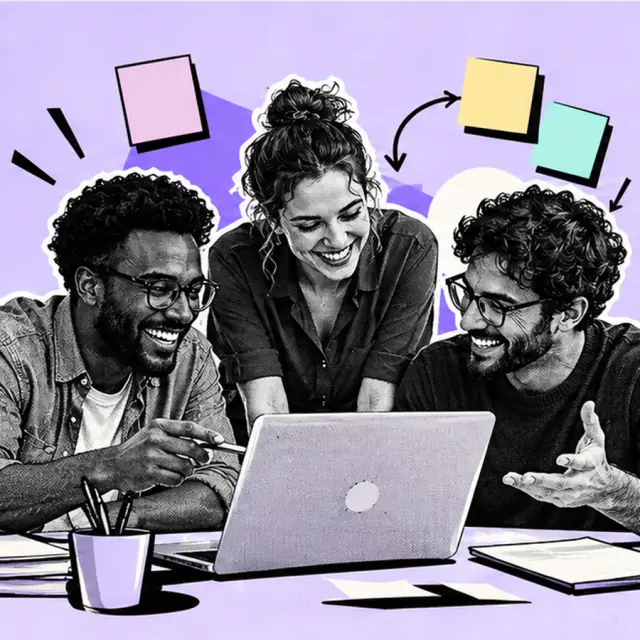 Três pessoas colaborando animadas em volta de um notebook.