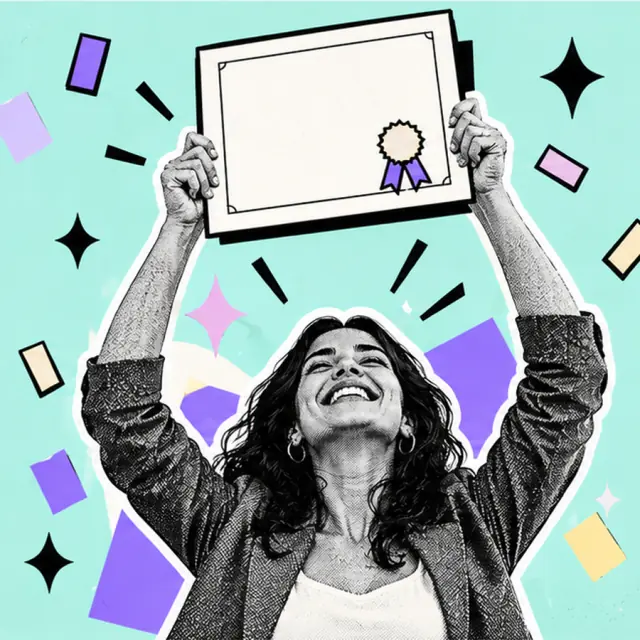 Pessoa erguendo um certificado com orgulho, cercada de confetes.