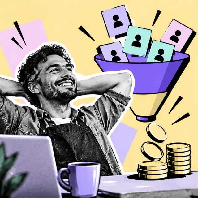 Anúncio ilustrado: dono de pequeno negócio aliviado ao lado de um funil roxo e amarelo que organiza fichas de clientes e termina em moedas.