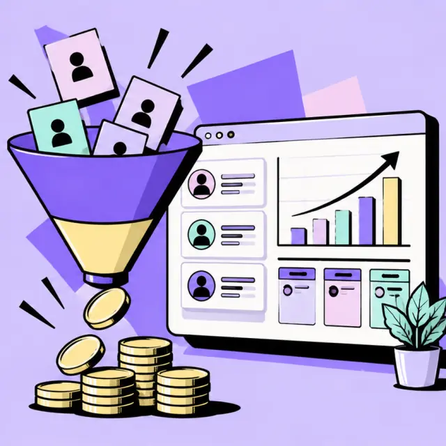 Hero da landing page com o mesmo funil roxo e amarelo ao lado de um painel de clientes e um gráfico de vendas subindo.