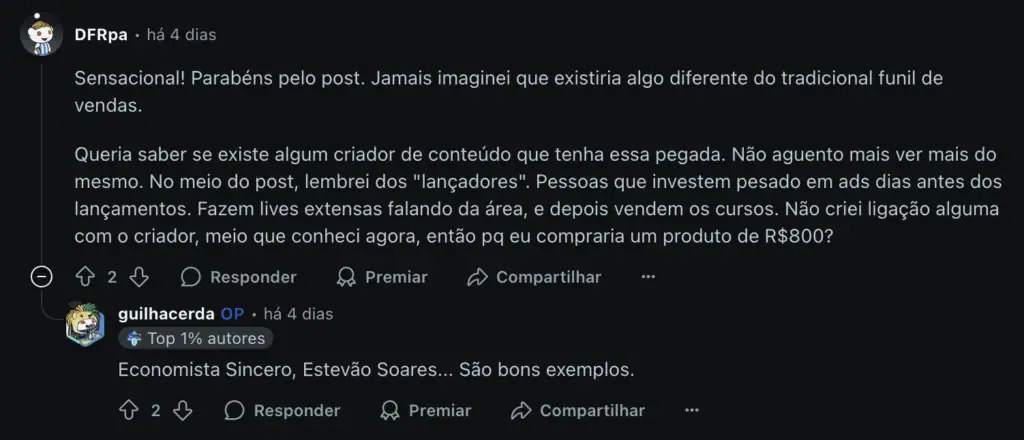 Comentários da comunidade no reddit r/MarketingDigitalBR