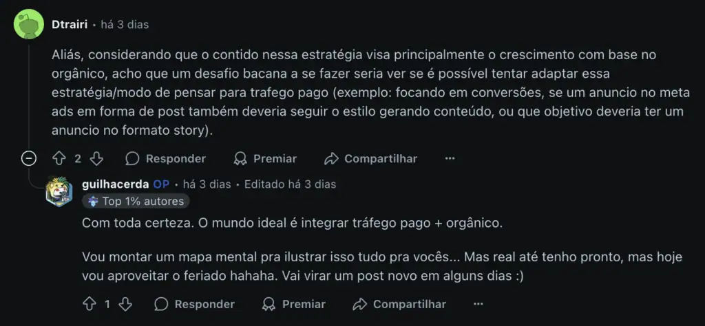 Comentários da comunidade no reddit r/MarketingDigitalBR