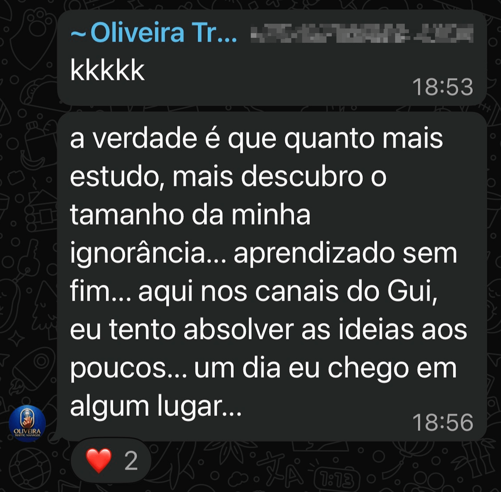 Mensagem de WhatsApp com contato anonimizado sobre aprendizado contínuo nos canais de Guilherme