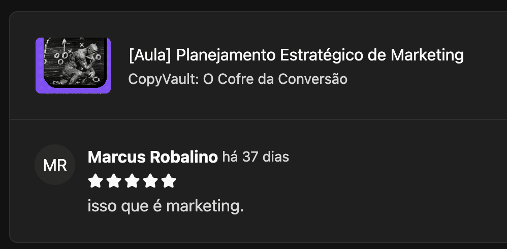 Avaliação de Marcus Robalino com cinco estrelas e a mensagem isso que é marketing