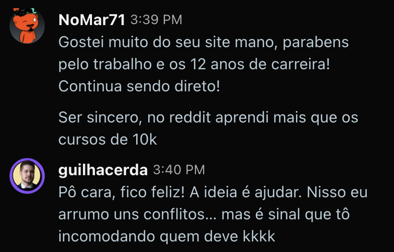 Mensagem no Reddit elogiando o conteúdo e a carreira de Guilherme