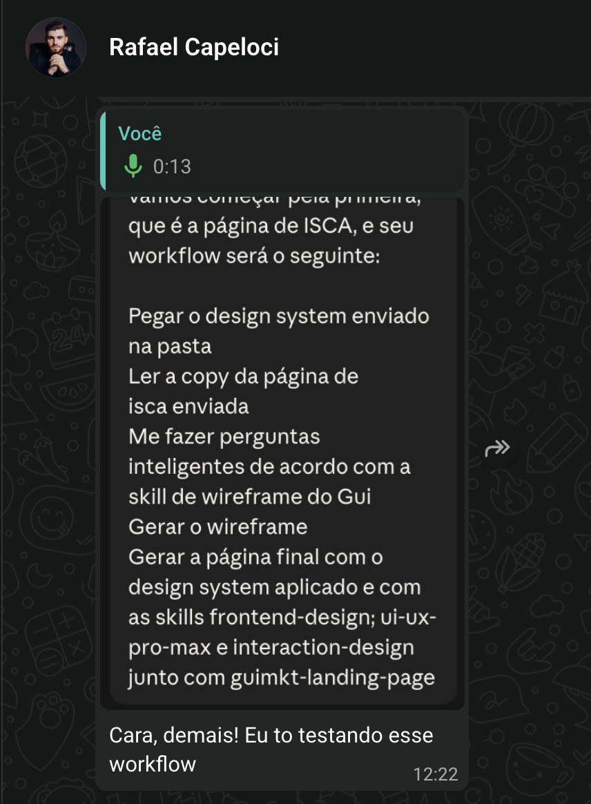Conversa com Rafael Capeloci elogiando o workflow de wireframe e desenvolvimento
