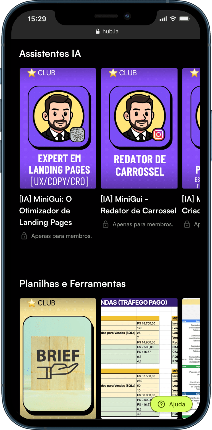 Área de membros do ESC exibida em um celular