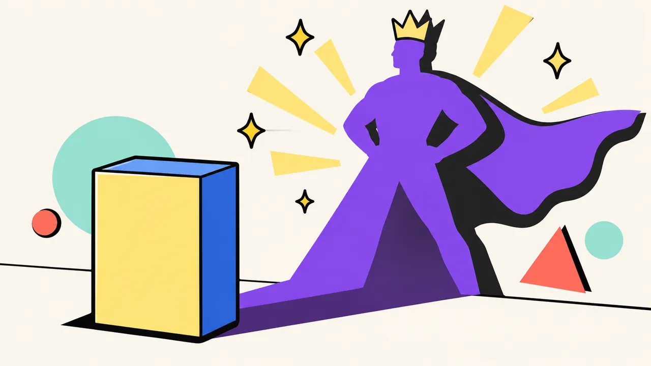 Ilustração: uma embalagem simples projeta na parede a sombra de um herói de capa e coroa, a marca revelando um personagem.