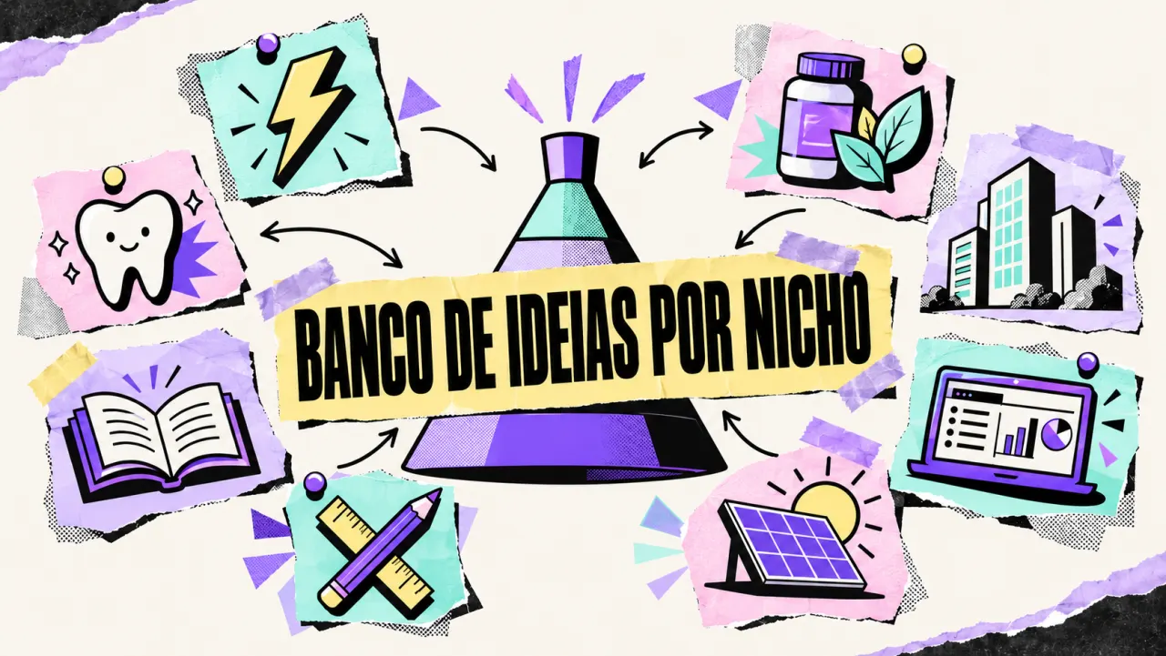 Colagem "Banco de ideias por nicho": oito recortes (raio, dente, livro, lápis, suplemento, prédio, notebook e painel solar) em volta de um funil de cabeça para baixo.