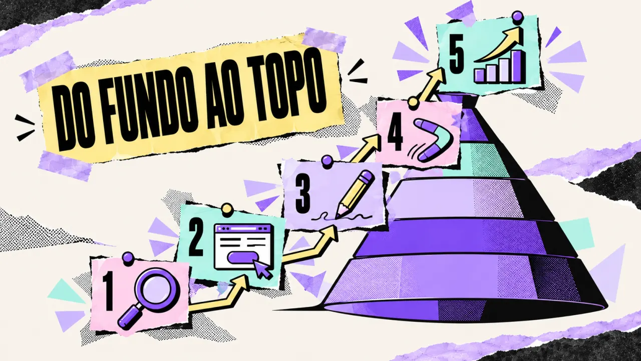 Colagem "Do fundo ao topo": cinco placas numeradas (lupa, landing page, lápis, bumerangue e gráfico) sobem até o bico de um funil roxo de cabeça para baixo.