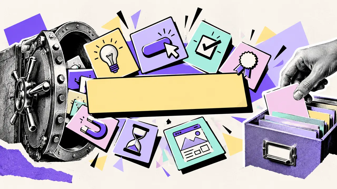 Colagem: um cofre de banco antigo aberto de onde saem cartões de ideias de otimização (lâmpada, botão com cursor, checklist, selo de garantia, ímã, ampulheta e o esboço de uma página) em volta de uma placa amarela, enquanto uma mão tira uma ficha de um fichário.